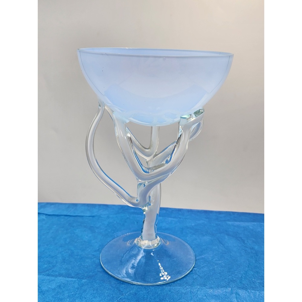 Artisan Hand Blown Frosted Blue Glass Coupe Abstract Sculptural Stem Compote - Picture 2 of 7